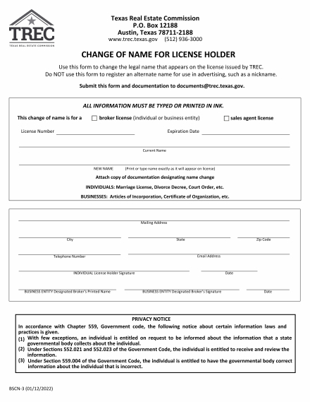 Change of Name for License Holder 