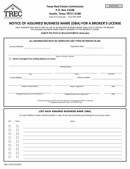 Notice of Assumed Business Name (DBA) for a Broker's License