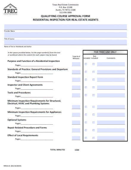 Qualifying Real Estate Course Approval Form (Real Estate Residential Inspection - 30 hour course)